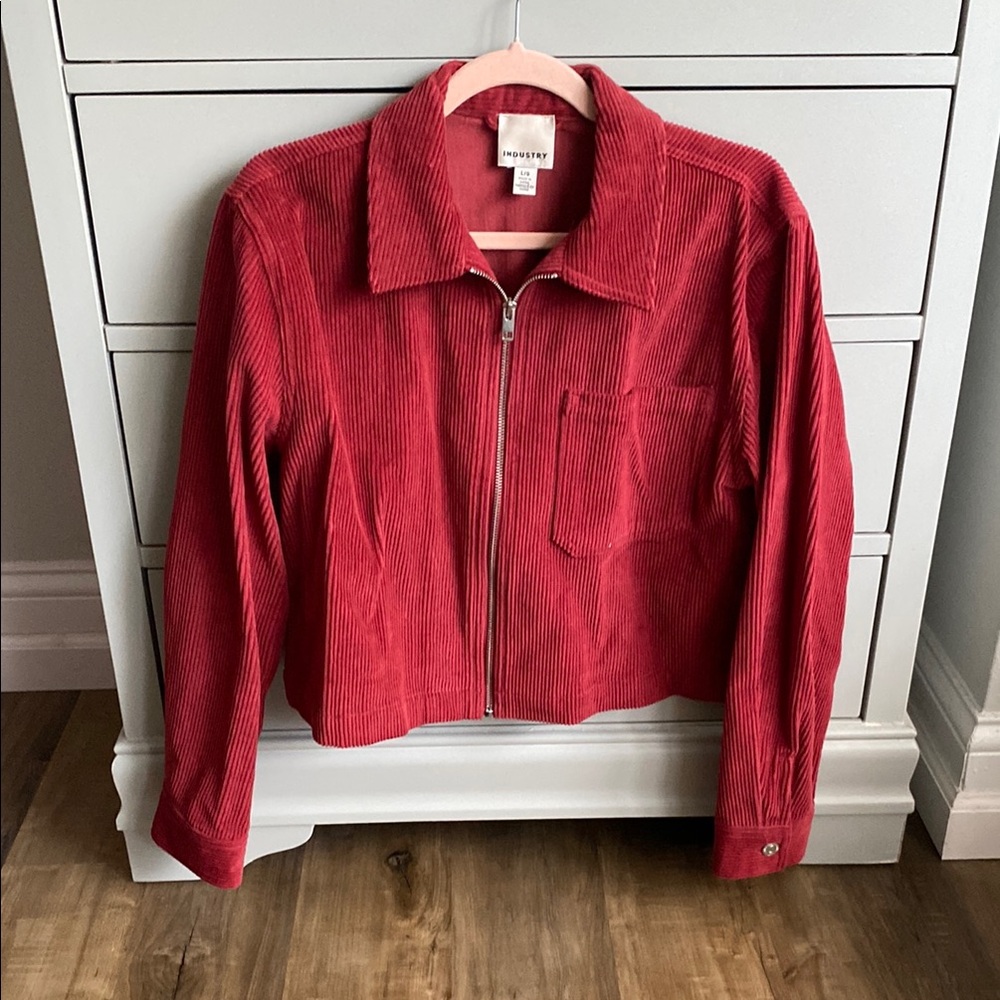 Vibrant Red Bomber Jacket with Cropped Fit and Textured Fabric